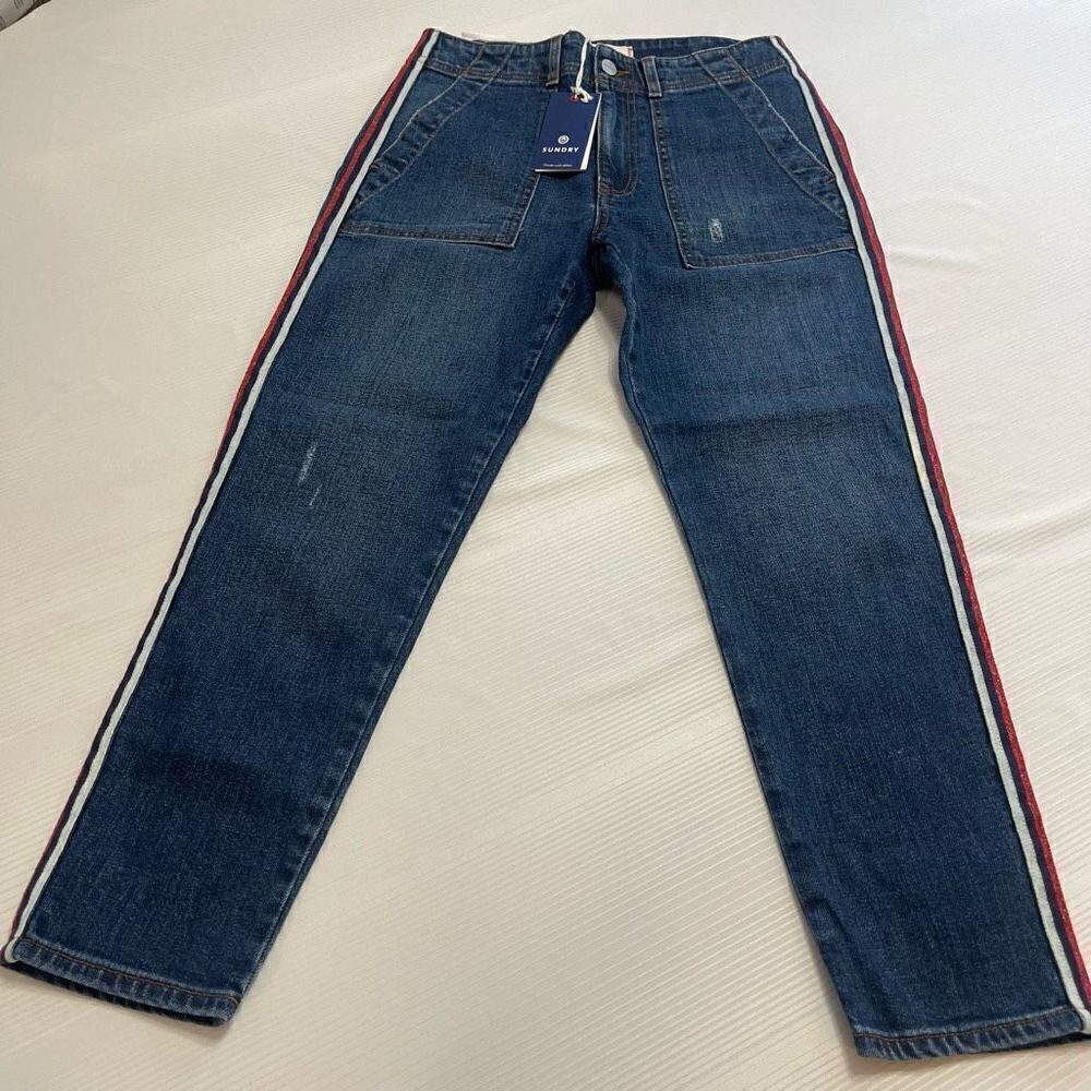 NWT SUNDRY Metallic Red White Blue Stripe Straight Leg Denim Jeans Size 26 New